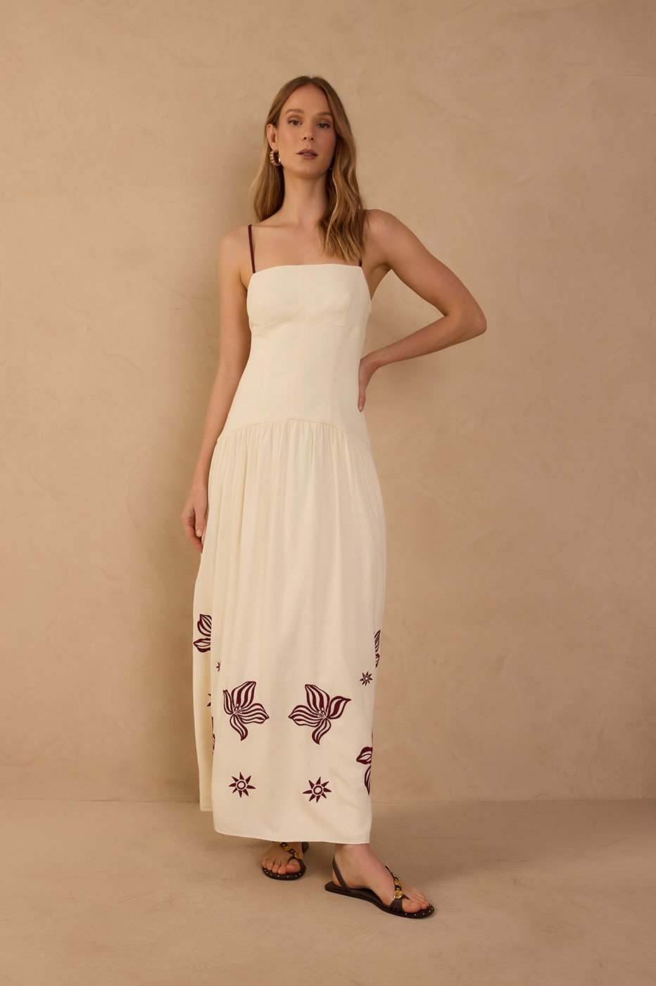Off-White Embroidered Linen Maxi Dress