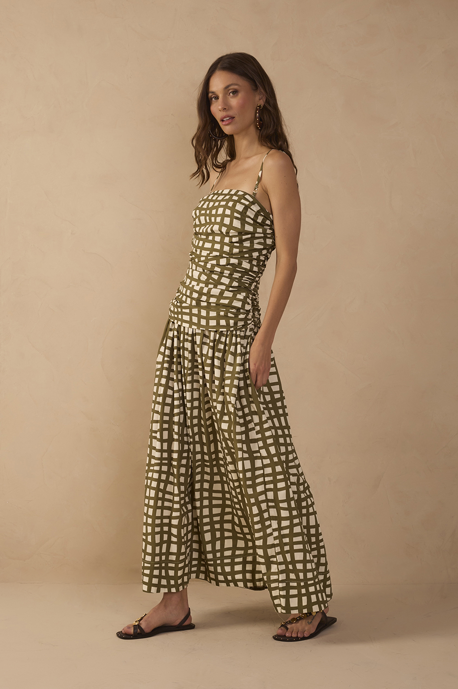 Green Ruched Removable Straps Maxi Dress
