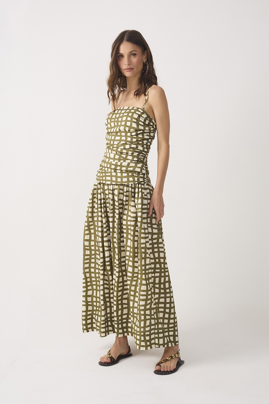 Green Ruched Removable Straps Maxi Dress