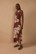 Brown Halter Neck Back Ties Maxi Dress