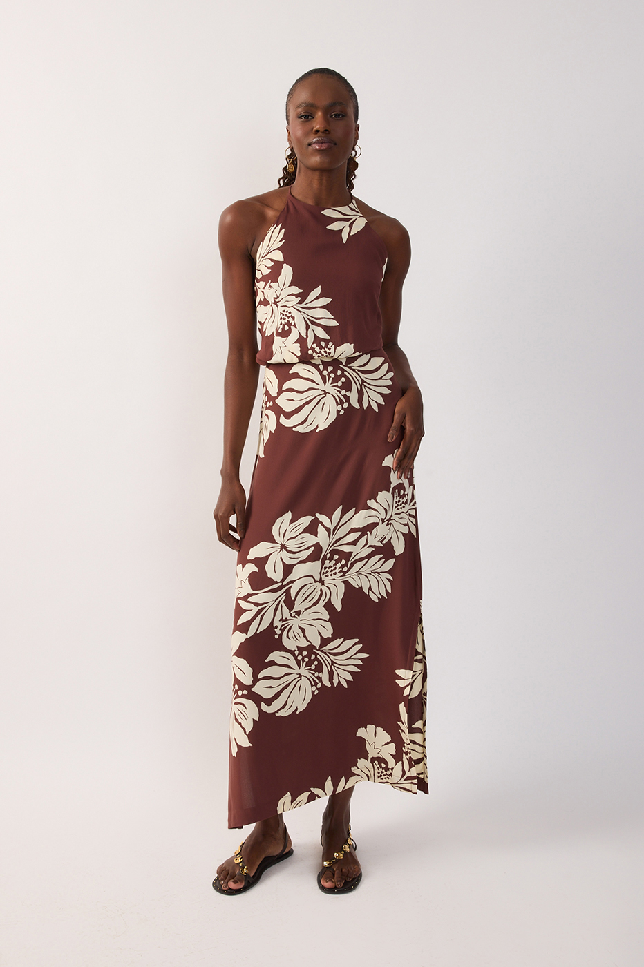 Brown Halter Neck Back Ties Maxi Dress
