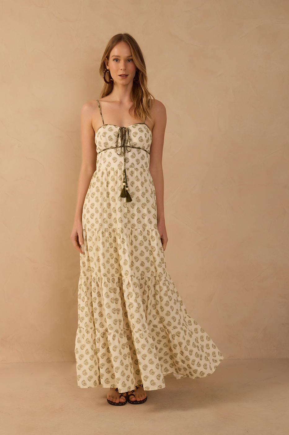 Off-White Front Ties Smocked Maxi Dress