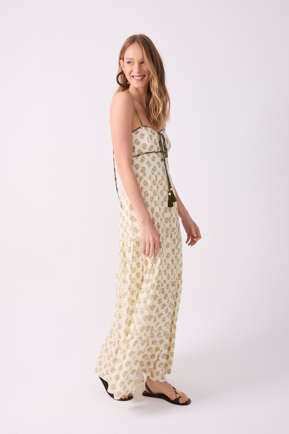 Off-White Front Ties Smocked Maxi Dress