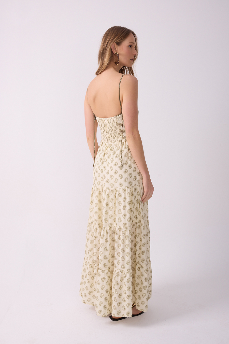 Off-White Front Ties Smocked Maxi Dress