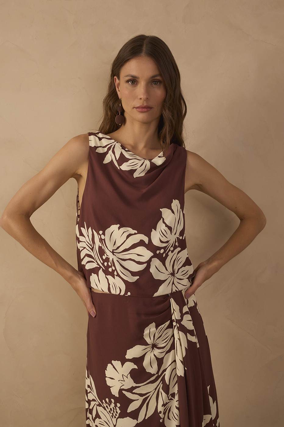 Brown Draped Neck Back Ties Blouse