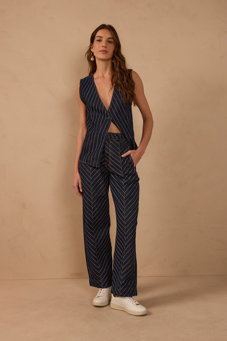 Denim Stripes Pockets Belt Loops Barrel Pants