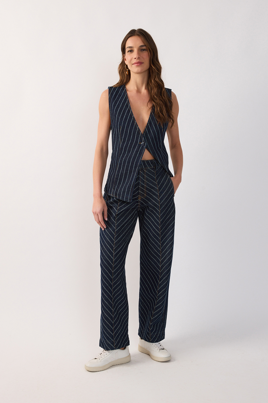 Denim Stripes Pockets Belt Loops Barrel Pants