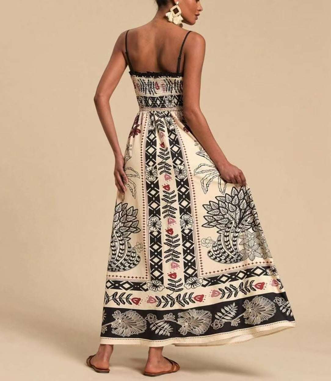 Tropical Print Smocked Maxi Dress