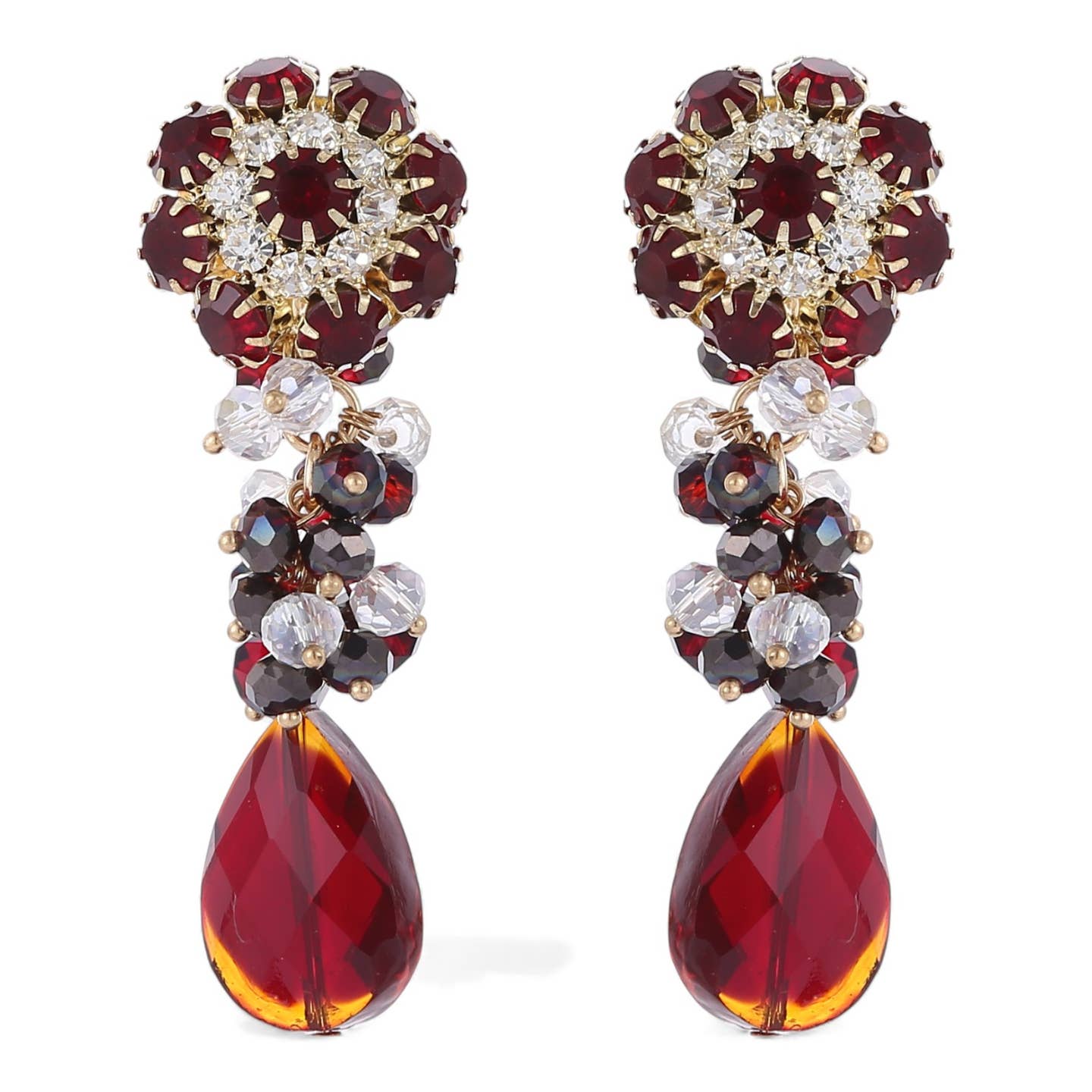 Chunky Red Crystal Flower Statement Earrings