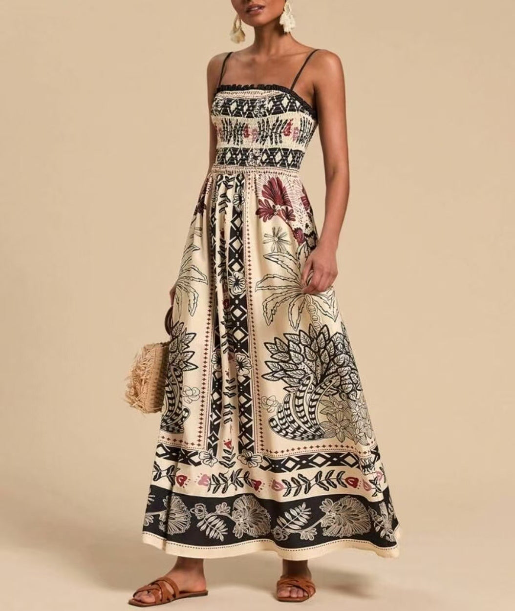 Tropical Print Smocked Maxi Dress