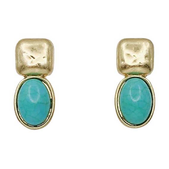 Gold Square with Turquoise Oval Earrings
