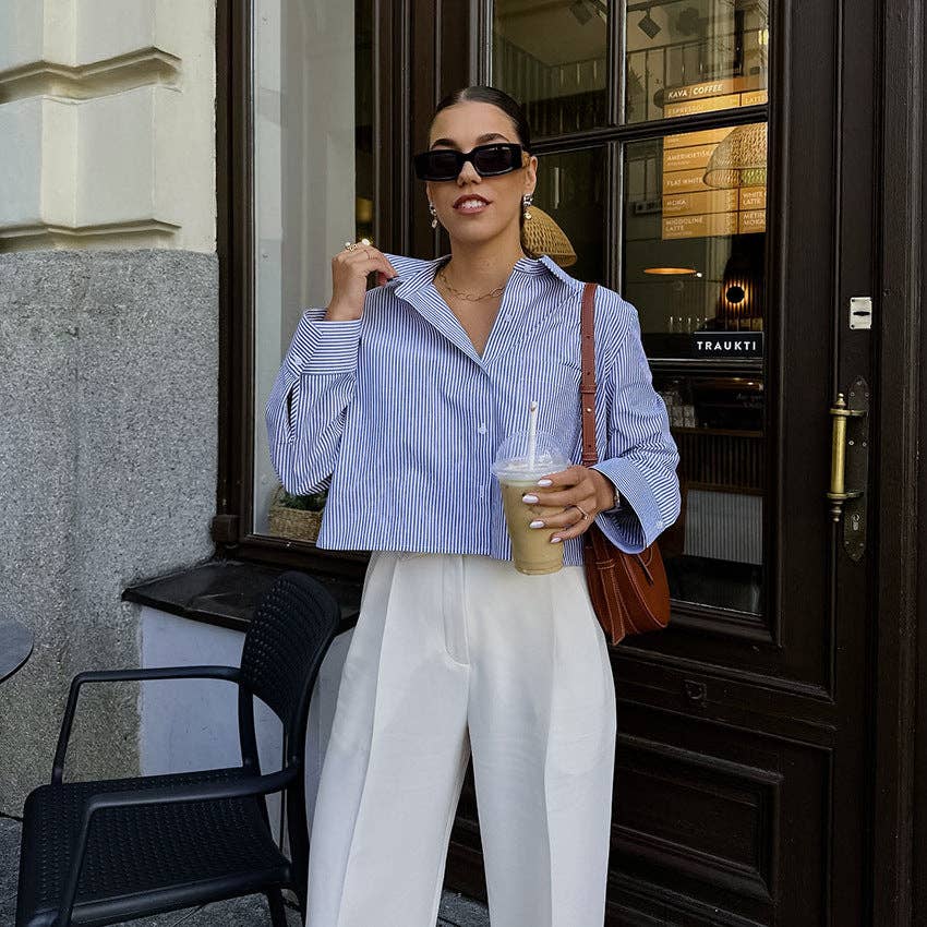 Stripe Long Sleeves Crop Shirt