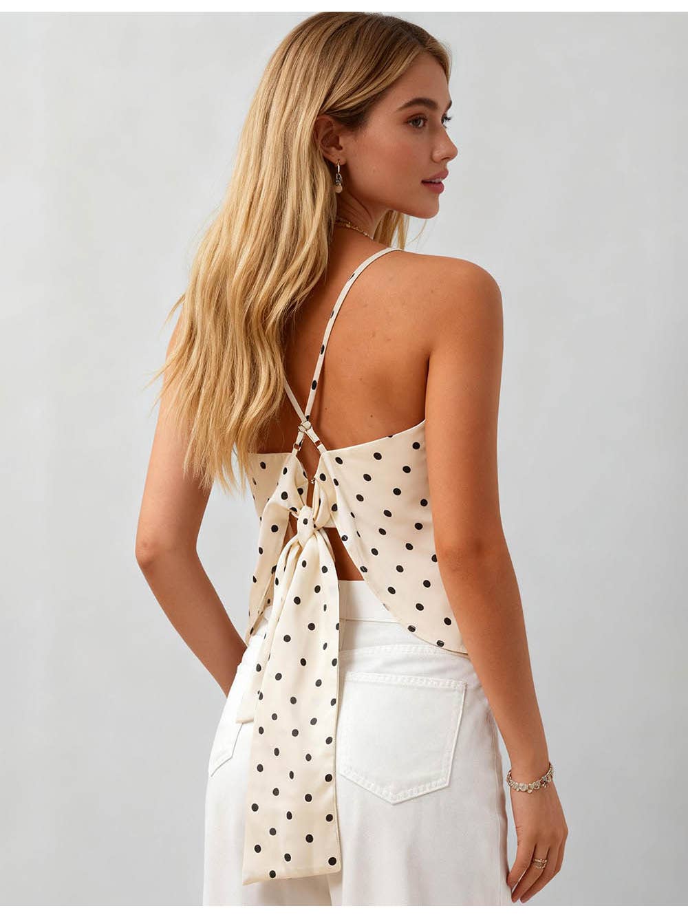 Polka Dot Back Tie Silk Top
