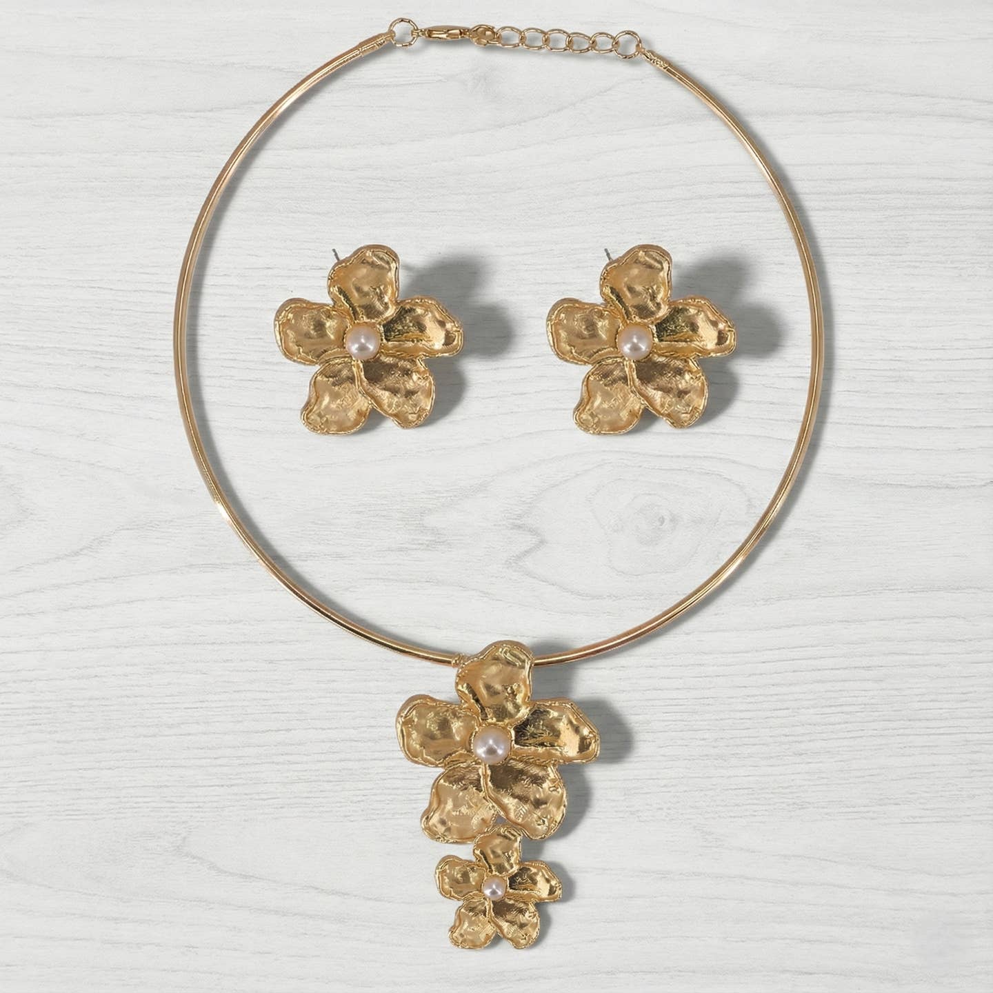 Golden Hibiscus Flower Necklace & Earrings Matching Set