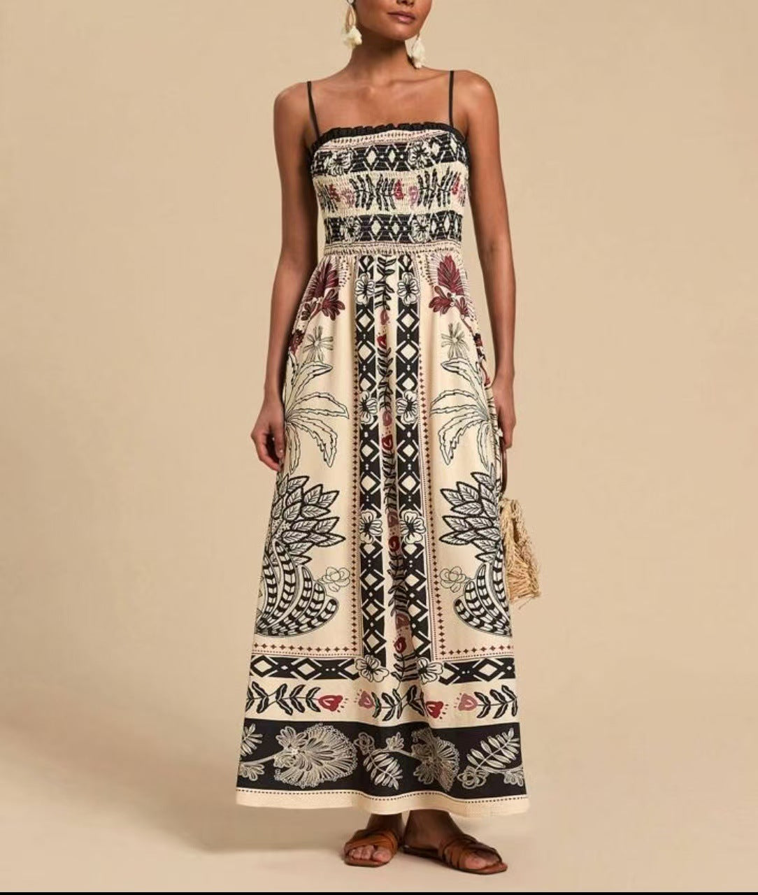Tropical Print Smocked Maxi Dress